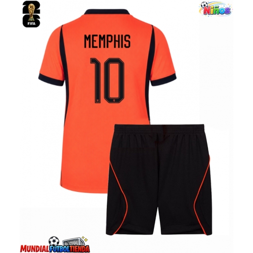 Camiseta Países Bajos Memphis Depay #10 Primera Equipación Replica Mundial 2026 para niños mangas cortas (+ Pantalones cortos)